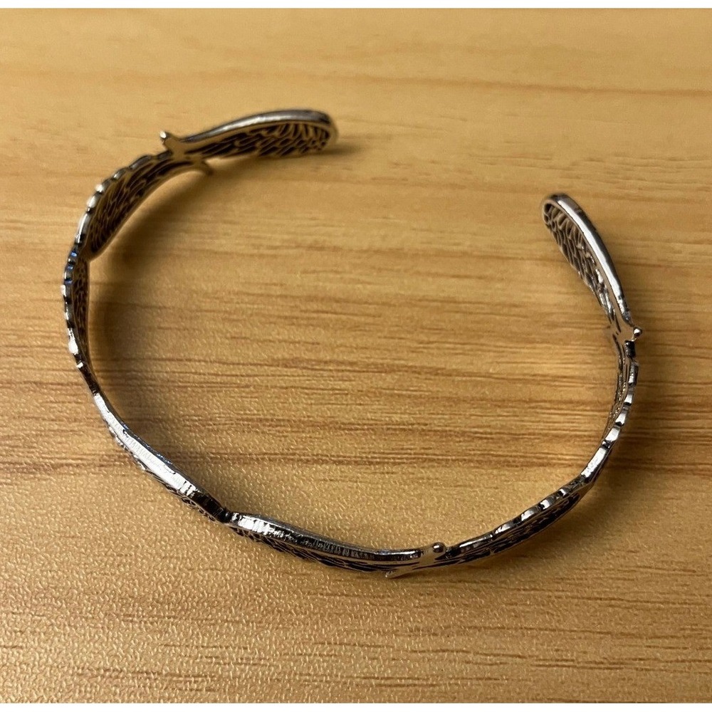 Angel Wing Cuff Silver Tone Bracelet Intricate Feather Detail Wrap Bangle